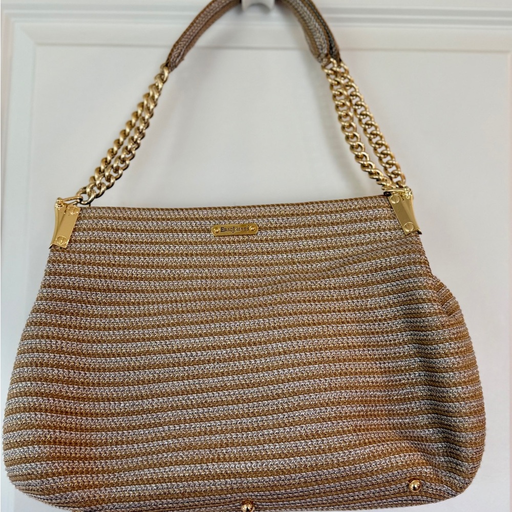 Eric Javits Woven Metallic Gold, Silver and Tan Striped Shoulder Bag